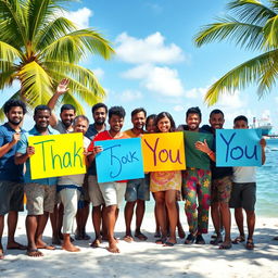 A group of diverse individuals celebrating on a tropical island after surviving a ship sinking