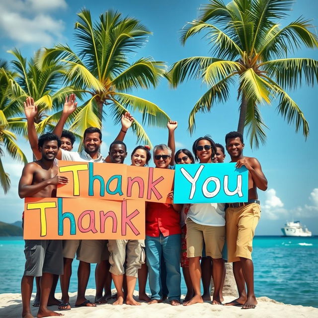 A group of diverse individuals celebrating on a tropical island after surviving a ship sinking