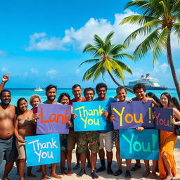 A group of diverse individuals celebrating on a tropical island after surviving a ship sinking