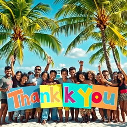 A group of diverse individuals celebrating on a tropical island after surviving a ship sinking