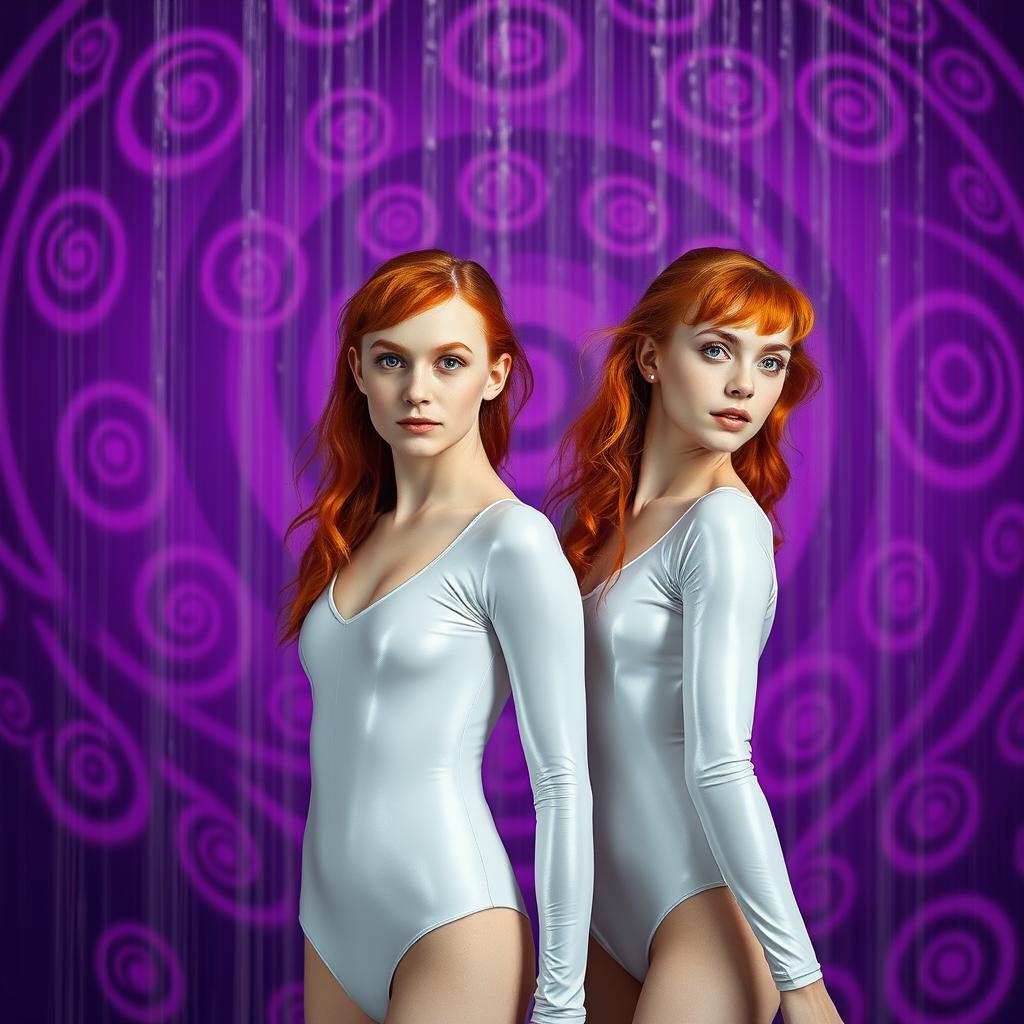 Two ginger gymnasts, Caucasian, wearing white shiny longsleeve leotards, standing together in a group shower