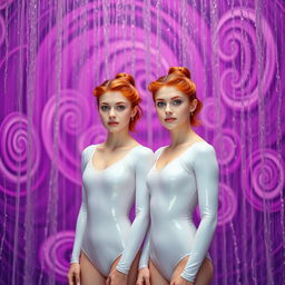 Two ginger gymnasts, Caucasian, wearing white shiny longsleeve leotards, standing together in a group shower