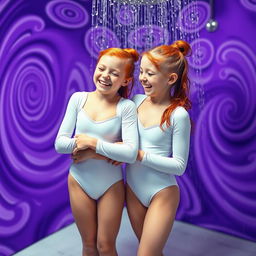 Two ginger gymnast girls, Caucasian, wearing white shiny longsleeve leotards, are giggling together in a group shower