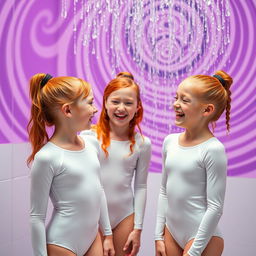 Two ginger gymnast girls, Caucasian, wearing white shiny longsleeve leotards, are giggling together in a group shower