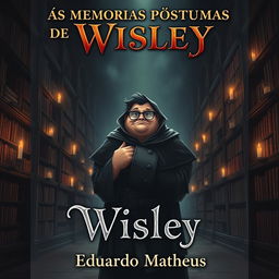 A dark fantasy book cover featuring a portly protagonist with glasses named Wisley