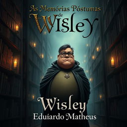 A dark fantasy book cover featuring a portly protagonist with glasses named Wisley