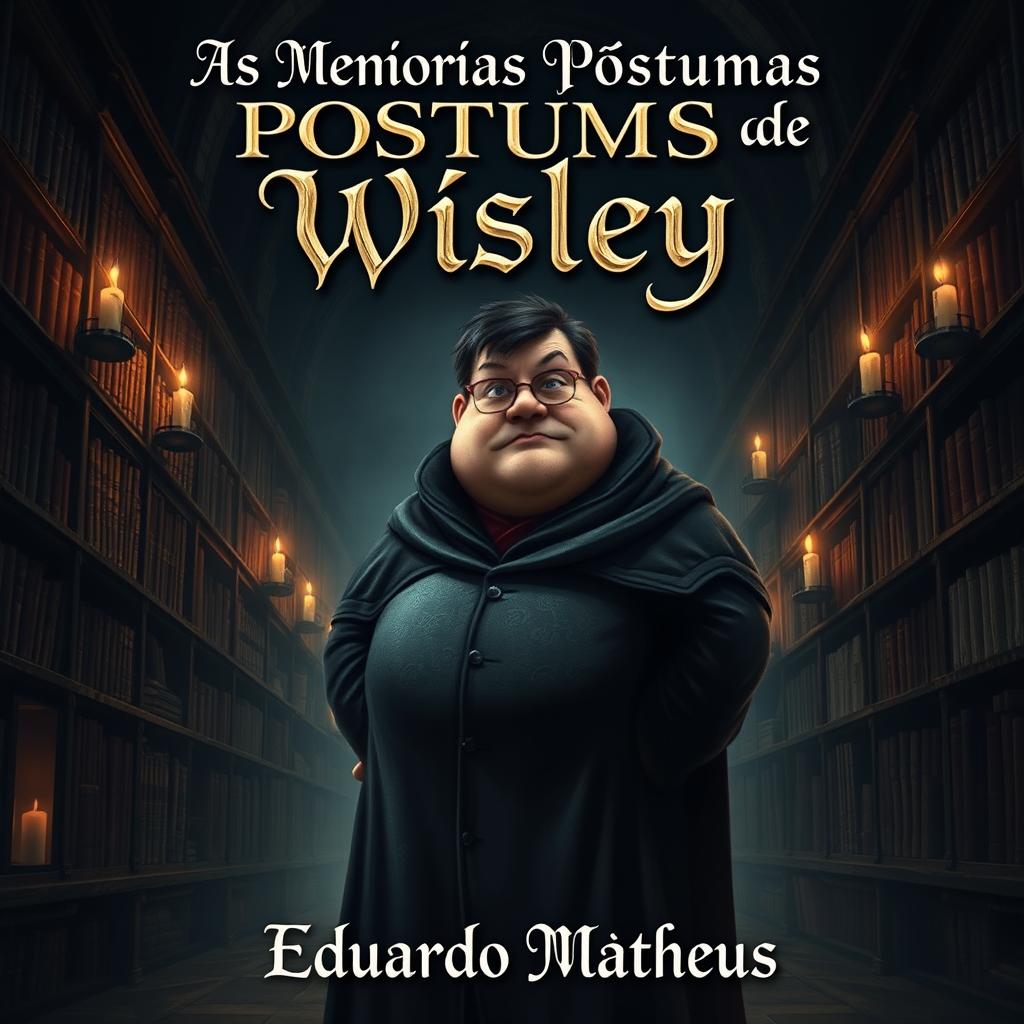 A dark fantasy book cover featuring a portly protagonist with glasses named Wisley