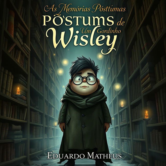 A dark fantasy book cover featuring a chubby protagonist with glasses, named Wisley