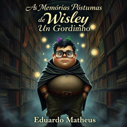 A dark fantasy book cover featuring a chubby protagonist with glasses, named Wisley