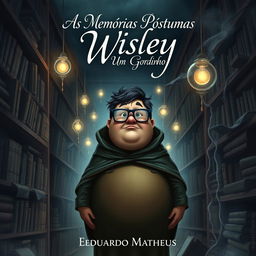 A dark fantasy book cover featuring a chubby protagonist with glasses, named Wisley