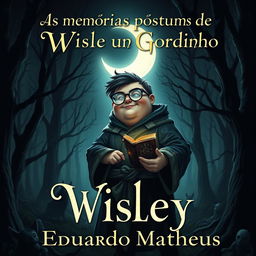 A dark adult fantasy book cover featuring a chubby protagonist with glasses, named Wisley