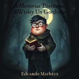 A dark adult fantasy book cover featuring a chubby protagonist with glasses, named Wisley