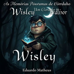 A dark adult fantasy book cover featuring a chubby protagonist with glasses, named Wisley