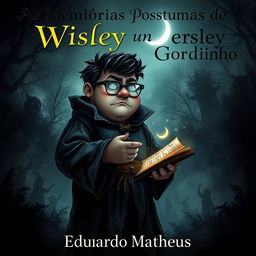 A dark adult fantasy book cover featuring a chubby protagonist with glasses, named Wisley