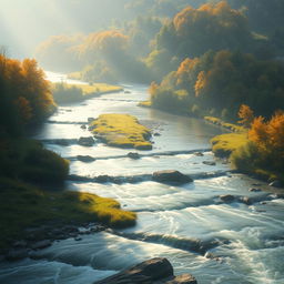 artistic depiction of a serene, natural landscape featuring flowing rivers and lush greenery, bathed in gentle sunlight casting soft shadows and highlights across the scene, reminiscent of a peaceful autumn morning