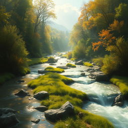 artistic depiction of a serene, natural landscape featuring flowing rivers and lush greenery, bathed in gentle sunlight casting soft shadows and highlights across the scene, reminiscent of a peaceful autumn morning