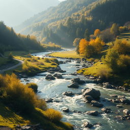 artistic depiction of a serene, natural landscape featuring flowing rivers and lush greenery, bathed in gentle sunlight casting soft shadows and highlights across the scene, reminiscent of a peaceful autumn morning