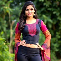 A young Telugu woman in her early 20s wearing a stylish tight-fitting short kurti and tight leggings