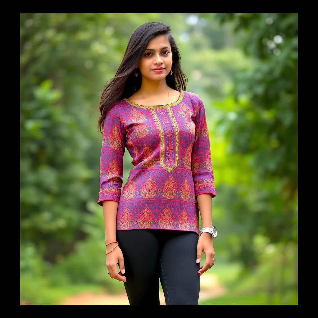 A young Telugu woman in her early 20s wearing a stylish tight-fitting short kurti and tight leggings