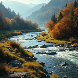 artistic depiction of a serene, natural landscape featuring flowing rivers and lush greenery, bathed in gentle sunlight casting soft shadows and highlights across the scene, reminiscent of a peaceful autumn morning