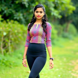 A young Telugu woman in her early 20s wearing a stylish tight-fitting short kurti and tight leggings