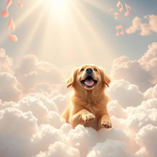 A serene and heavenly scene featuring a joyful dog surrounded by fluffy white clouds