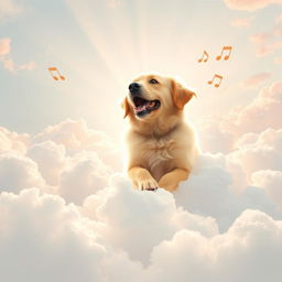 A serene and heavenly scene featuring a joyful dog surrounded by fluffy white clouds