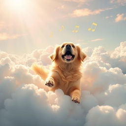 A serene and heavenly scene featuring a joyful dog surrounded by fluffy white clouds