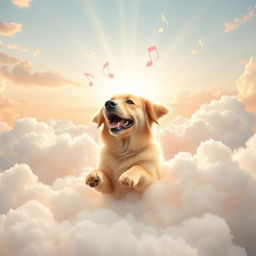 A serene and heavenly scene featuring a joyful dog surrounded by fluffy white clouds