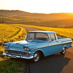 A classic EJ Holden ute, showcased in a vibrant outdoor setting during golden hour