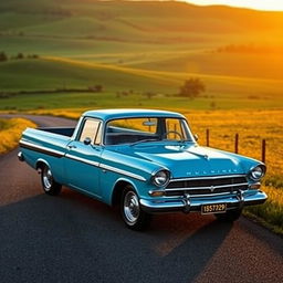 A classic EJ Holden ute, showcased in a vibrant outdoor setting during golden hour