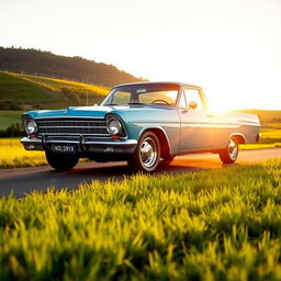 A classic EJ Holden ute, showcased in a vibrant outdoor setting during golden hour