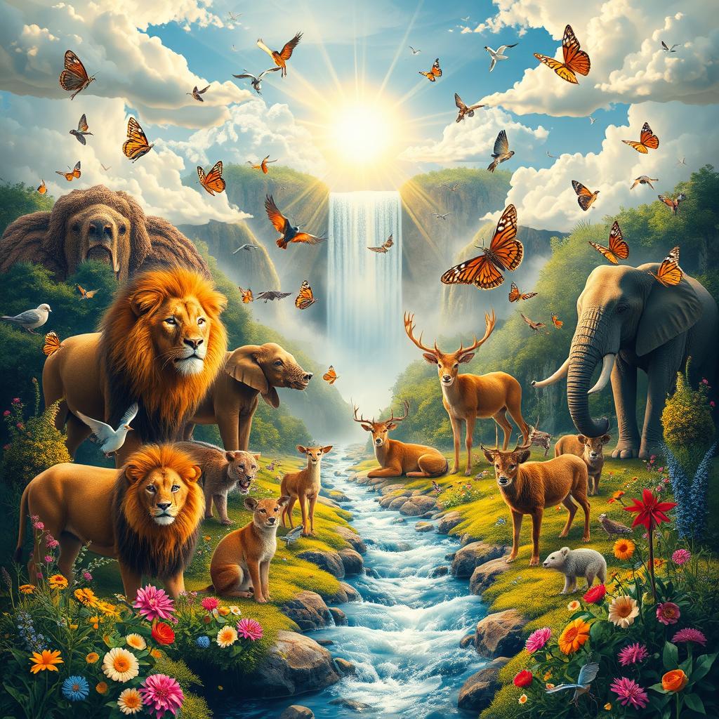 A serene and ethereal heaven scene filled with a variety of animals such as lions, deer, elephants, birds, and butterflies all coexisting peacefully