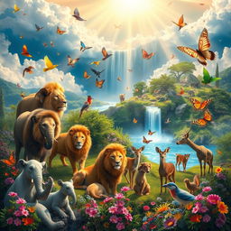 A serene and ethereal heaven scene filled with a variety of animals such as lions, deer, elephants, birds, and butterflies all coexisting peacefully