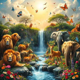 A serene and ethereal heaven scene filled with a variety of animals such as lions, deer, elephants, birds, and butterflies all coexisting peacefully