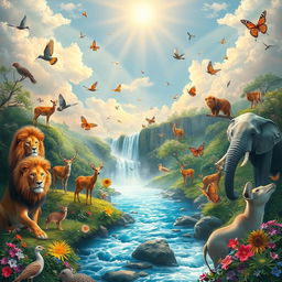 A serene and ethereal heaven scene filled with a variety of animals such as lions, deer, elephants, birds, and butterflies all coexisting peacefully