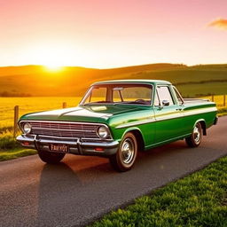 A classic EJ Holden ute in the iconic Verde Gea color, showcased in a vibrant outdoor setting during golden hour