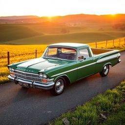 A classic EJ Holden ute in the iconic Verde Gea color, showcased in a vibrant outdoor setting during golden hour