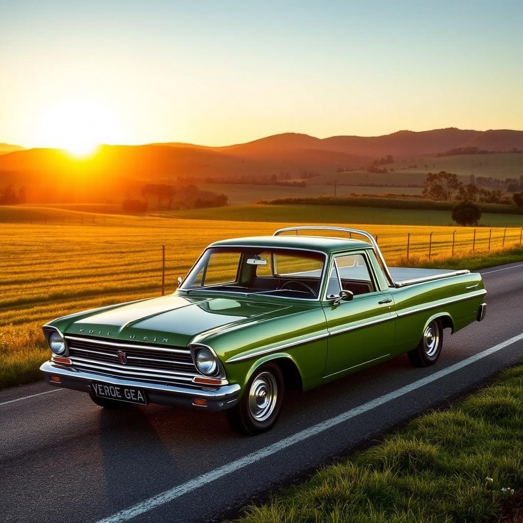 A classic EJ Holden ute in the iconic Verde Gea color, showcased in a vibrant outdoor setting during golden hour