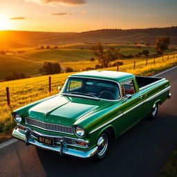 A classic EJ Holden ute in the iconic Verde Gea color, showcased in a vibrant outdoor setting during golden hour