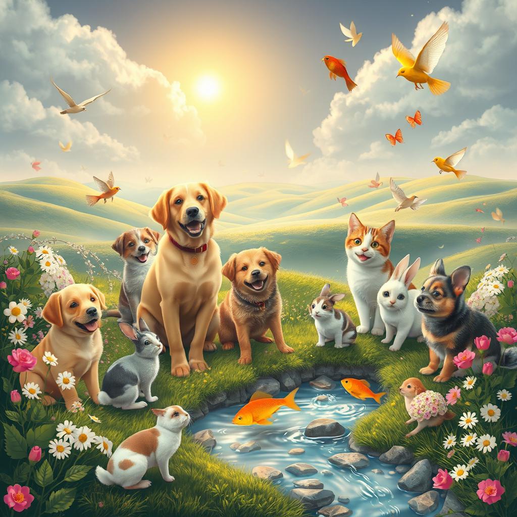 A peaceful and heartwarming scene set in heaven, featuring a variety of pets like dogs, cats, birds, rabbits, and fish, all appearing joyful and content