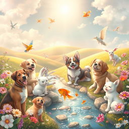 A peaceful and heartwarming scene set in heaven, featuring a variety of pets like dogs, cats, birds, rabbits, and fish, all appearing joyful and content