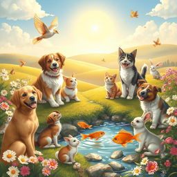 A peaceful and heartwarming scene set in heaven, featuring a variety of pets like dogs, cats, birds, rabbits, and fish, all appearing joyful and content