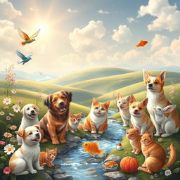 A peaceful and heartwarming scene set in heaven, featuring a variety of pets like dogs, cats, birds, rabbits, and fish, all appearing joyful and content