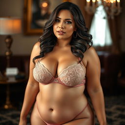 A glamorous and tasteful portrayal of a woman with a voluptuous figure, showcasing her curves in elegant lingerie