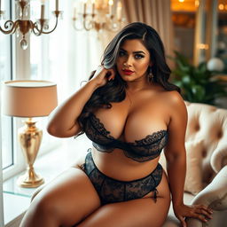 A glamorous and tasteful portrayal of a woman with a voluptuous figure, showcasing her curves in elegant lingerie