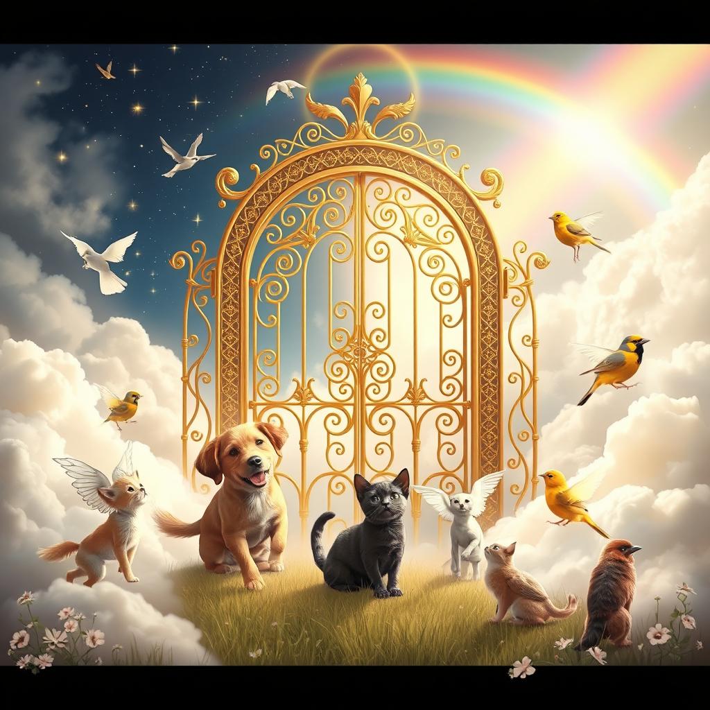 A heartwarming scene of pets in heaven featuring a golden gate adorned with intricate celestial designs