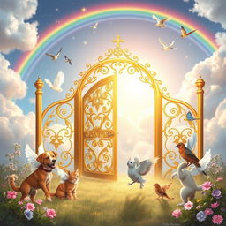 A heartwarming scene of pets in heaven featuring a golden gate adorned with intricate celestial designs