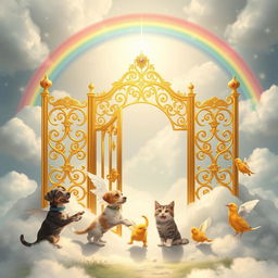 A heartwarming scene of pets in heaven featuring a golden gate adorned with intricate celestial designs