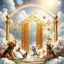 A heartwarming scene of pets in heaven featuring a golden gate adorned with intricate celestial designs